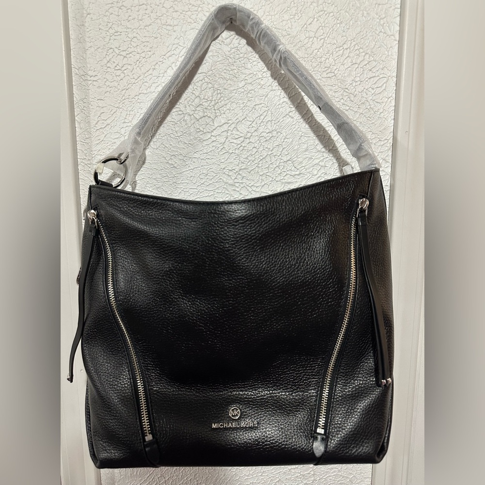 Michael Kors “Brooklyn” Black Leather Large Shoulder Bag with Silver Hardware